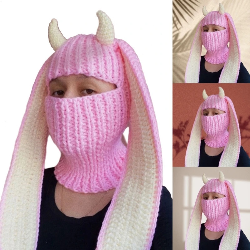 Novelty Rabbit Ears Hat Knitting Balaclava for Women Winter Warm Mask Adult Cosplay Party Costume Camping 241105