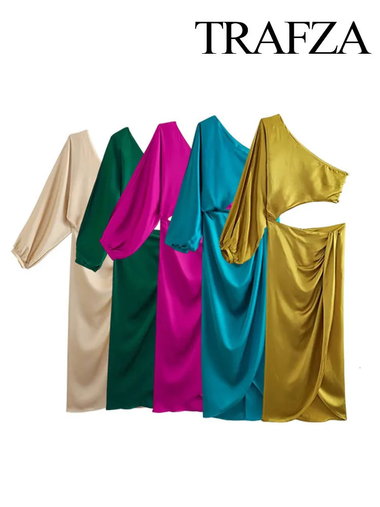 TRAFZA Dress For Women Yellow Asymmetric Satin Cut Out Long Dres Ruched Off Shoulder Elegant Dresses Evening Party Dresse 240327