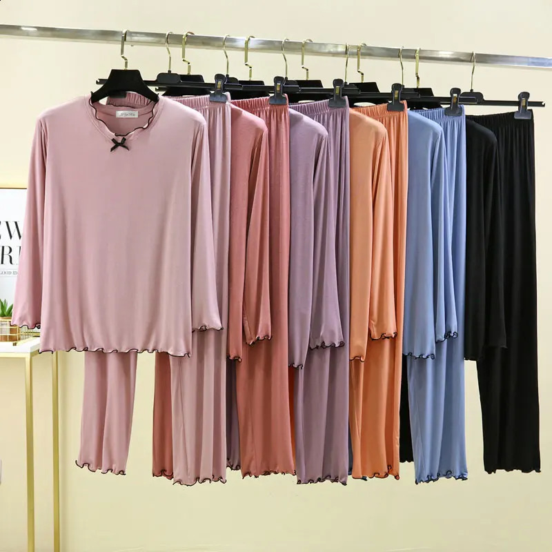Modal Pajamas suit Spring Autumn Loose Large Size Casual Home Service Long-sleeved Nine-point pants 2-piece Womens Pajamas 241105