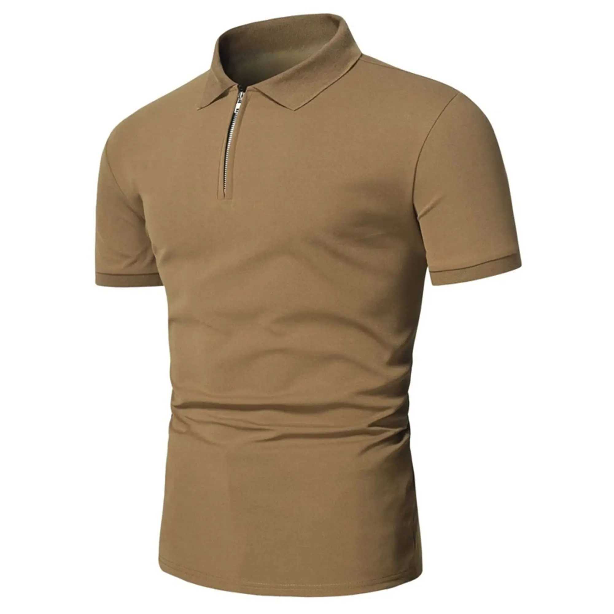 Mens solid color short sleeved zipper lapel T-shirt casual top W241104