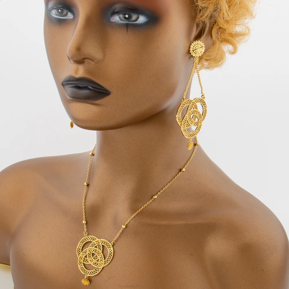 African Jewelry Set for Women Gold Plated Earrings and Pendant Necklace Wedding Party Jewellery Tassel Earrings and Necklace Set 241105