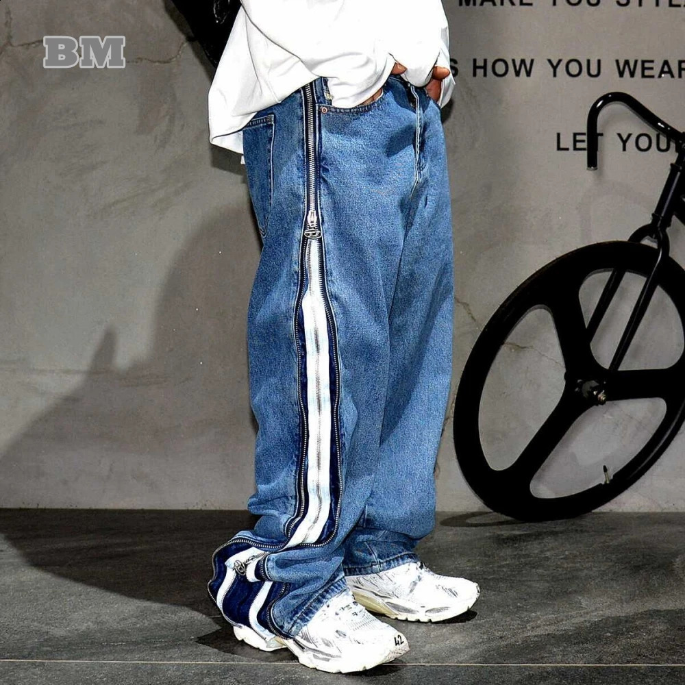 High Quality Korean Fashion Side Zipper Baggy Jeans For Men Streetwear Skateboard Stacked Denim Cargo Pants Loose Trousers 241105