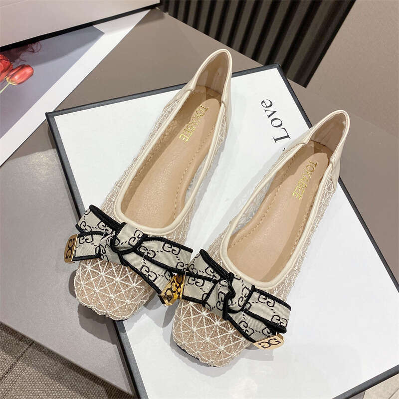 2023 Summer Mesh Sandals Square Head Bow Hollow Breathable Flat Shallow Mouth Fairy Women's Shoes