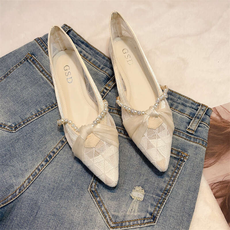 Fairy Style Quality Matching Korean Version Spring And Summer New Pearl Mesh Breathable Shallow Toe Flat Women's Sandals