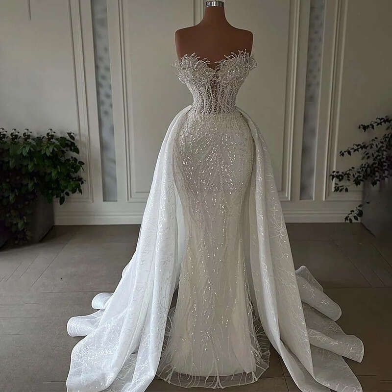 Mermaid Sparkly Sequins Wedding Dress For Bride Sweetheart Neck Lace Beads Vestido De Noiva Sereia Bridal Gowns Charming 0505