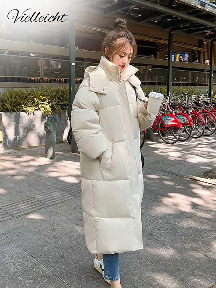 Vielleicht 2024 Korean Jacket Women Winter X-long Parkas Solid Hooded Thicken Warm Female Snow Wear Coat Padded Loose Clothes 241105