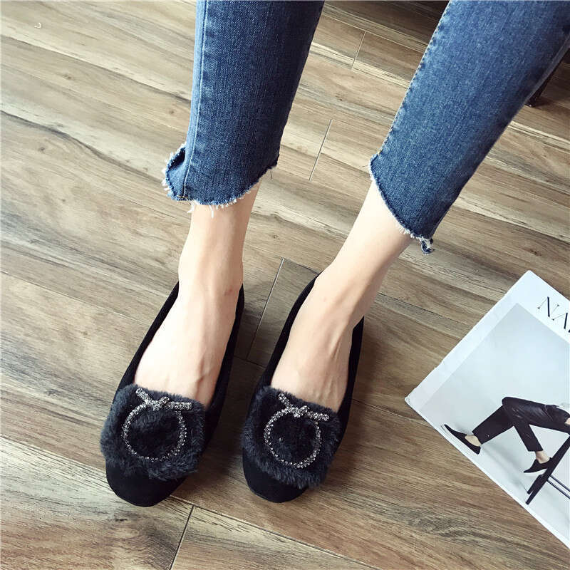 2023 Autumn Winter Versatile Shallow Mouth Velvet Sole Single For Women, Hairy With Flat Heels And Bean Shoes, Women's Cotton Scoop Shoes