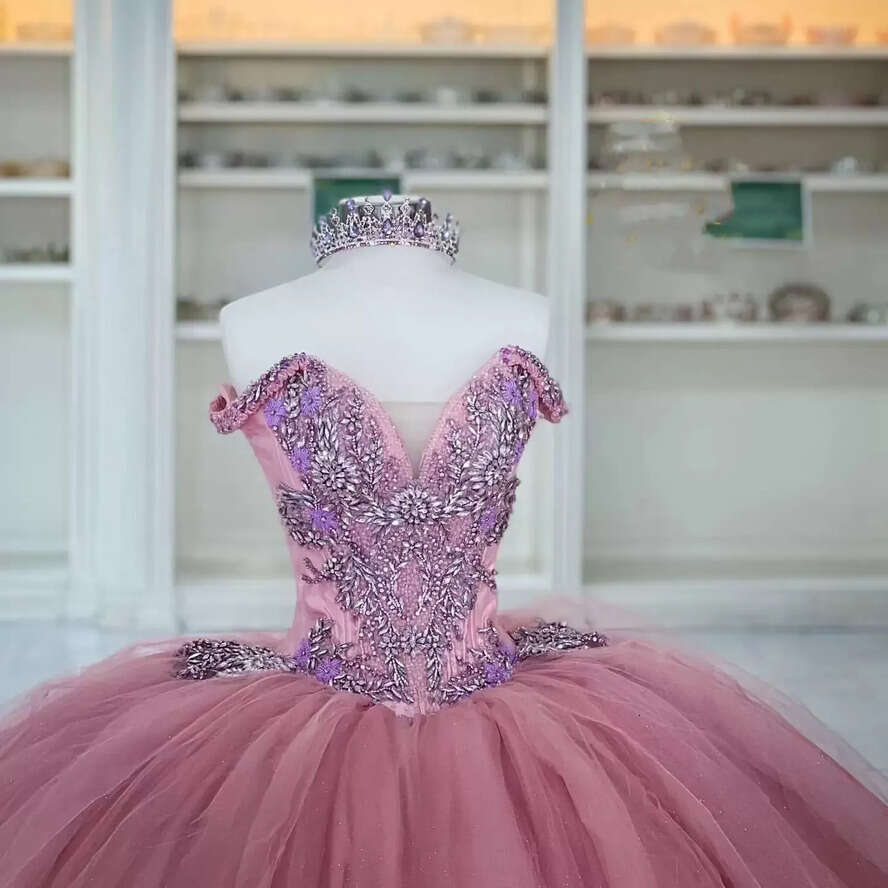 Pink Quinceanera Blush Dresses Off The Shoulder Tulle Corset Back Beaded Straps Pleats Ruffles Custom Made Sweet Princess Birthday Party Ball Gown