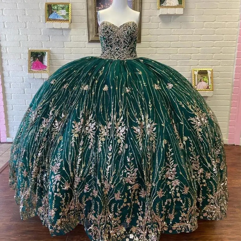 Emerald Green Shiny Off The Shoulder Princess Quinceanera Dresses Ball Gown Sequin Applique Lace Beads Crystal Tull Sweet 16 Dress Vestidos 15 De Anos