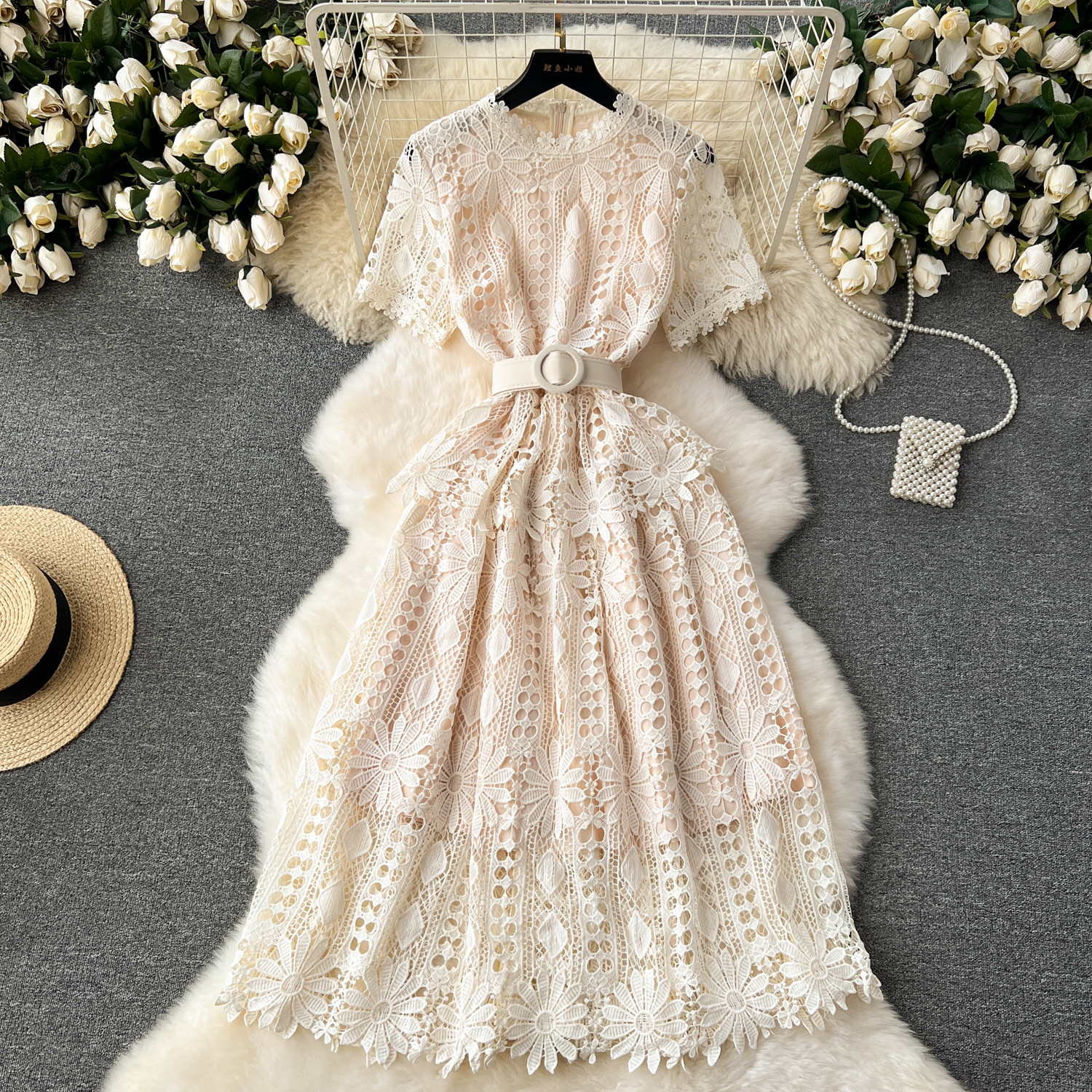 Basic Casual Dresses 2024 Runway Crochet Hollow Out Pink Midi Lace Dress for Women 2024 Summer Short Sleeve Embroidery Party Dress Elegant Holiday Rob