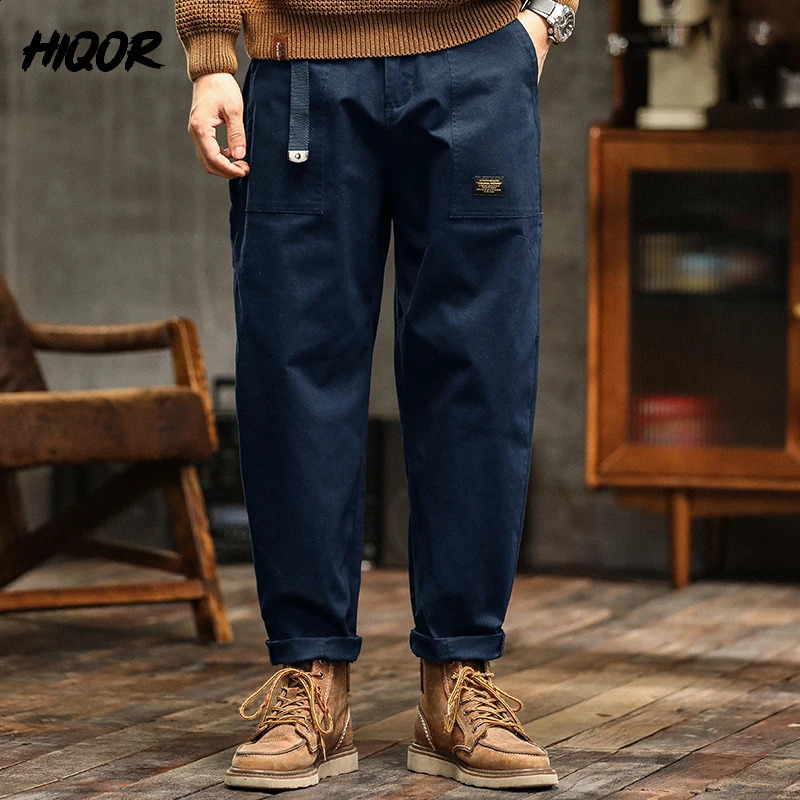 HIQOR Mens Clothing Spring Autumn Cargo Pants Man Cotton Casual Loose Trouser Belt Mid Waist Joggers Male Straight Baggy 241105