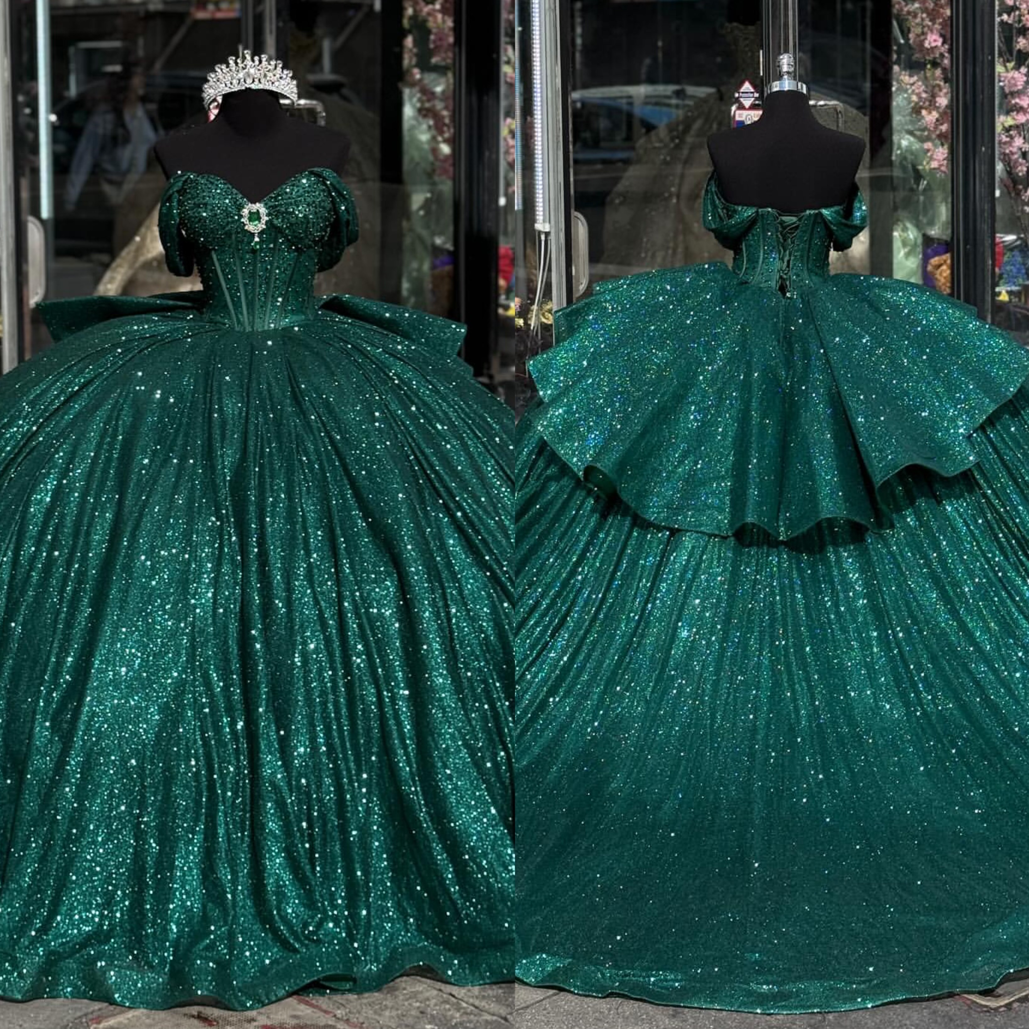 Dark Green Princess Dresses Ball Gown Off Shoulder Glitter Sequins Dia Vestido De Quinceanera Bodice Sweet 15 Masquerade Dress Lz0304