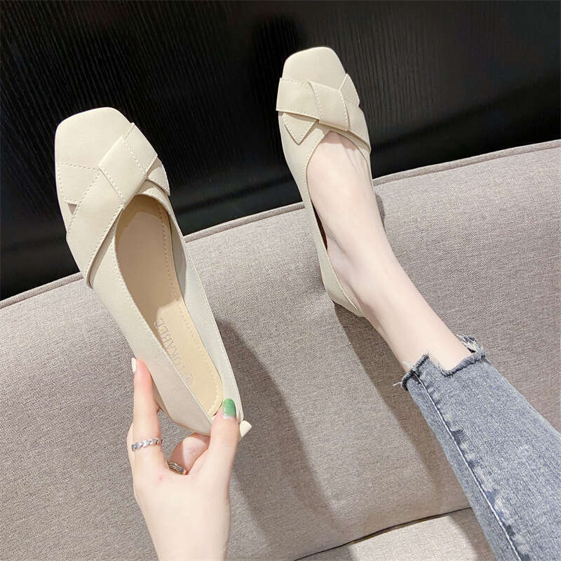 Short Heeled For Women 2023 Summer New Style Square Toe Shallow Mouth Grandma Thick Follow-Up Versatile Women's Soft Soled Shoes