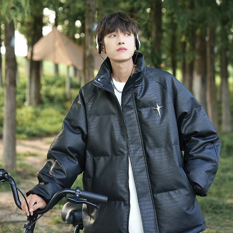 City Couple Down Jacket Winter PU Leather Jacket Pattern Fashion Preparatory Stand Collar Bread Jacket Mens Apron Jacket 241104