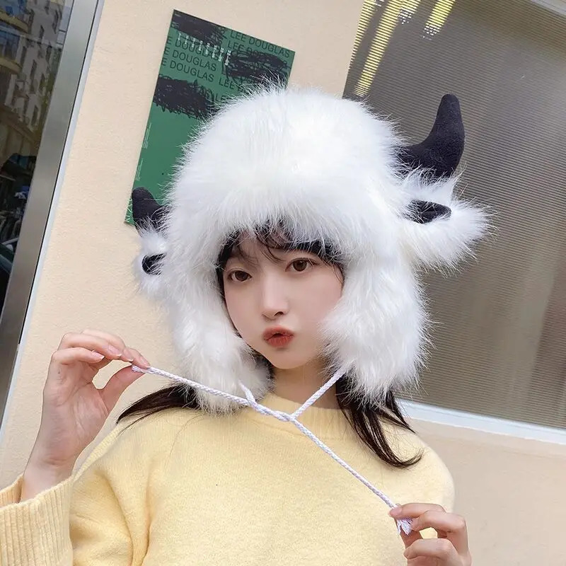 Bull Horn Mao Lei Feng Hat for Men and Women Winter Warm Ear Protection Windproof Hat Russian Ski Hat Faux Fur Hats 241024