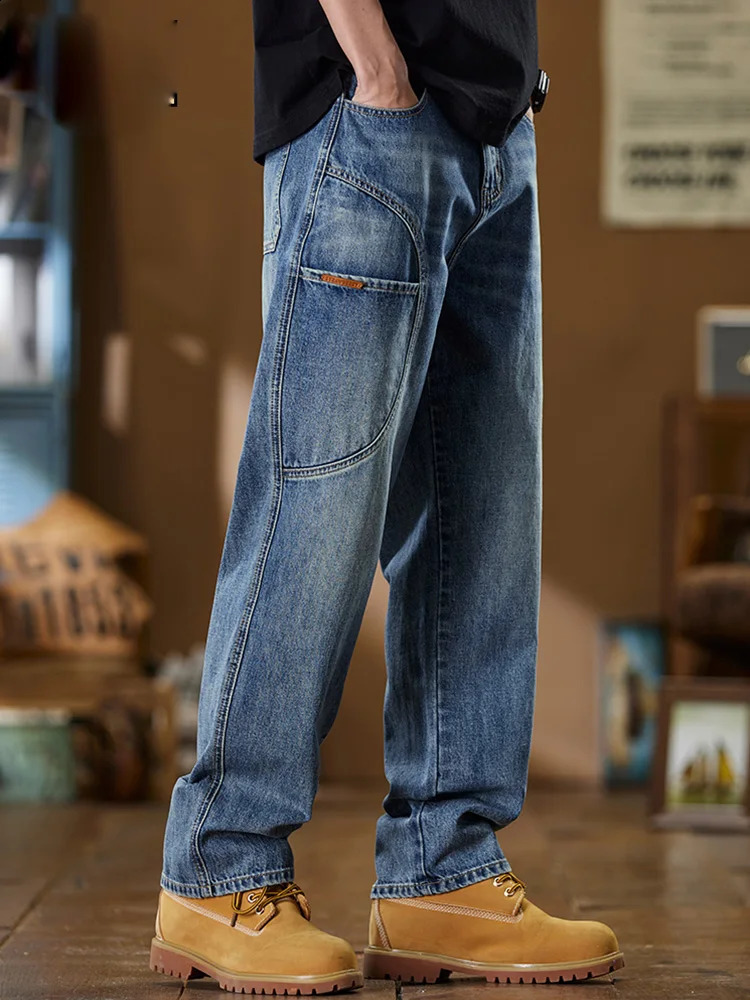 Korean Mens Casual Simplicity Solid Color Blue Long Loose Jeans Classic Male Straight Denim Wideleg Baggy Streetwear Pants 241105