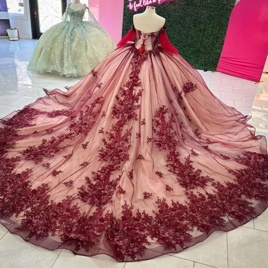 Red Shiny D Wers Off The Shoulder Ball Gown Quinceanera Dresses Applique Beads Tull Lace Up Sweet Dress Vestidos De Anos