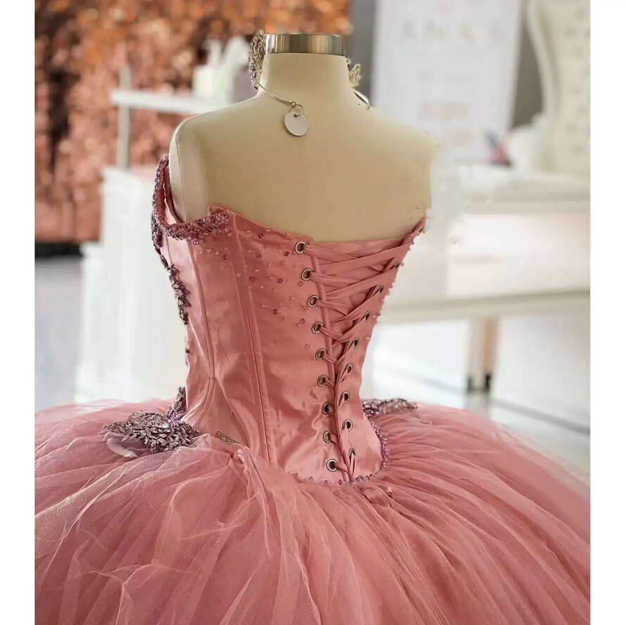 Pink Quinceanera Blush Dresses Off The Shoulder Tulle Corset Back Beaded Straps Pleats Ruffles Custom Made Sweet Princess Birthday Party Ball Gown