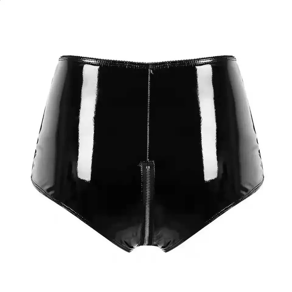 Women Sexy Opening Crotch Leather Shorts For Sex Erotic Porn Below Crotchless Underwear Glossy Zipper Latex Bag Hip Pants 241105
