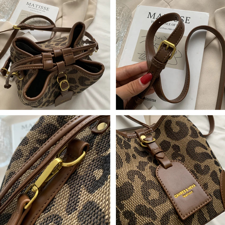 Leopard Print Small PU Leather Women's Bucket Crossbody Bag Seasonal Designer Shoulder Bag Brand Handbag Women's Trendy Handbag