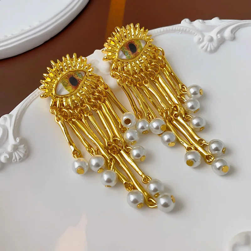 HUANZHI Eye Pearl Long Tassel Drop Earring Y2K Vintage Gold Color Pendant Jewelry For Women Trendy 241105