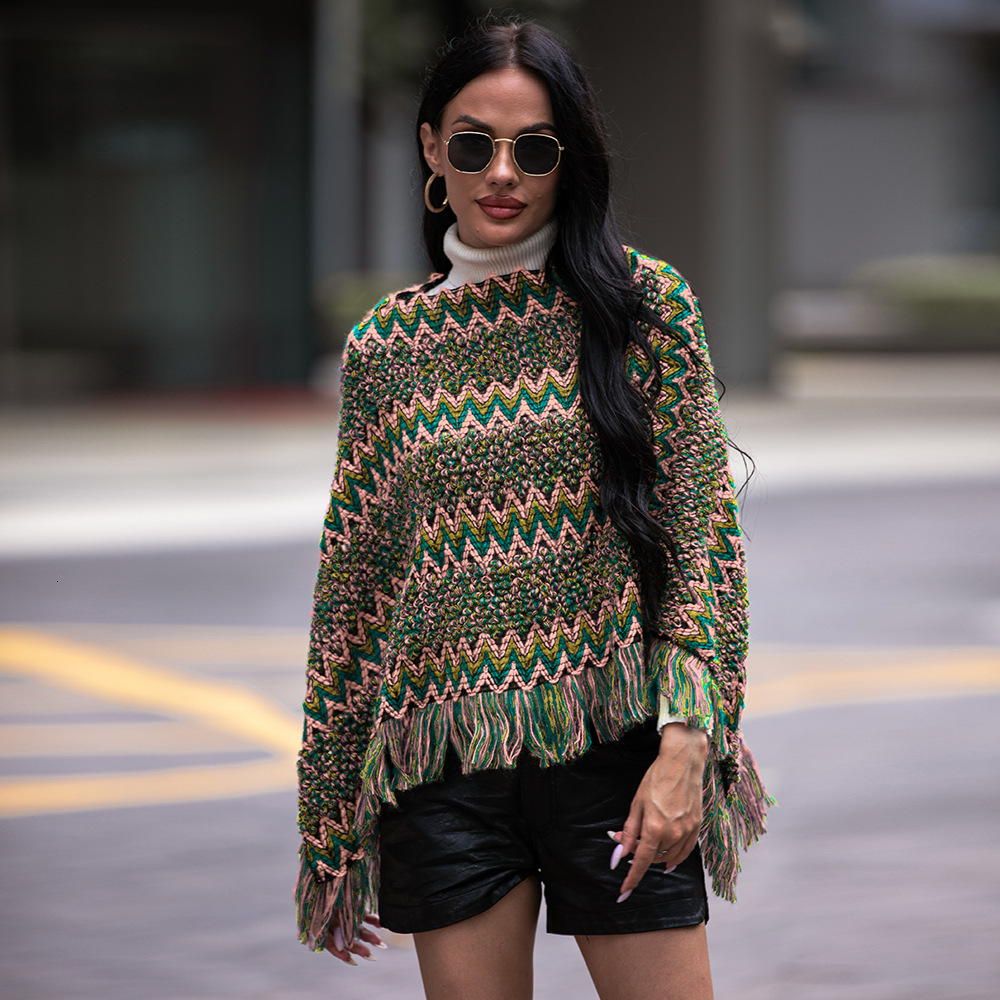Collar Cape Type Diagonal Grid Fringe Women Pullover Shawl Knitted Sweater women Sweaters Autumn Fashion Casual Loose Thick Harajuku Streetwear Knitwe