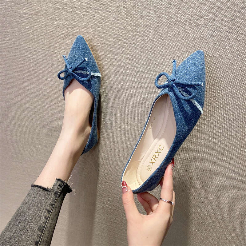 Korean Fashion Bow Soft Sole Single For Women In Spring 2024, New Comfortable Fabric Surface, Shallow Mouth Pointed Flat Bottomed Scoop Shoe