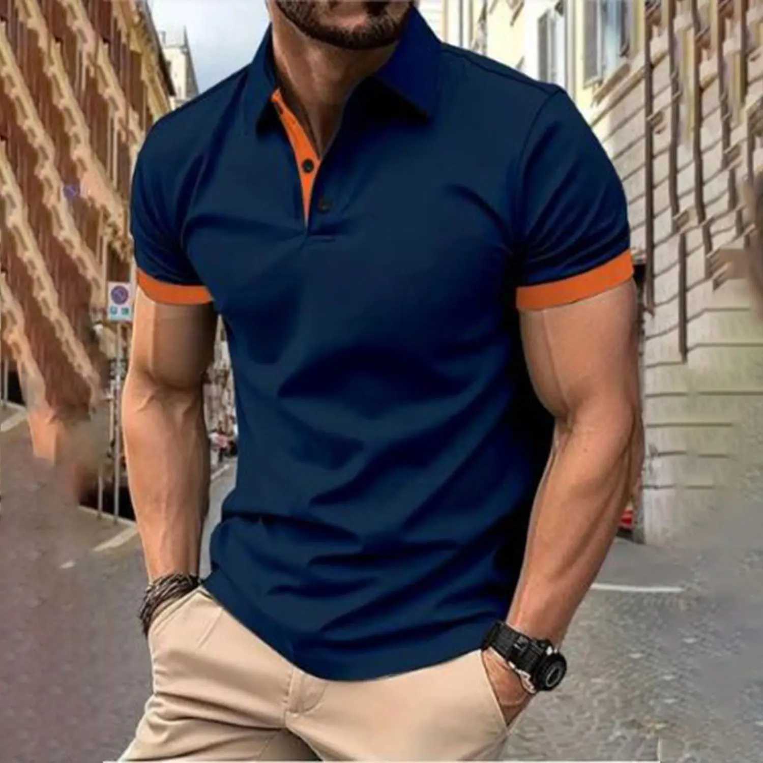 Mens short sleeves match the color of mens lapel sleeves W241104
