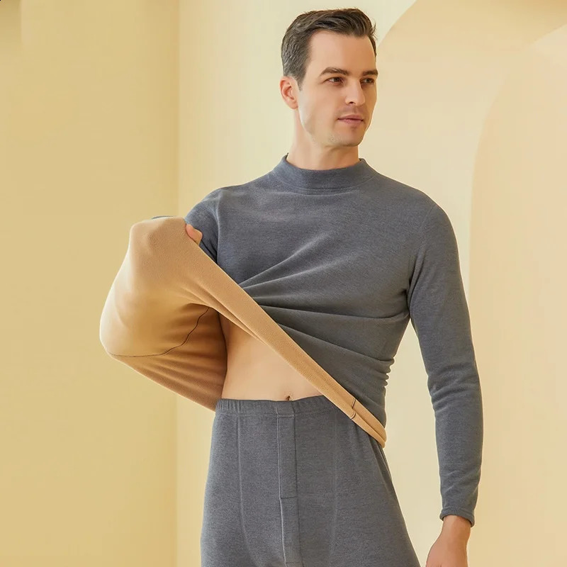 Winter Thermal Underwear Men Mock-neck First Layer 2 Pieces Under Panties and Undershirts Keep Warm Clothing Elastic 241105