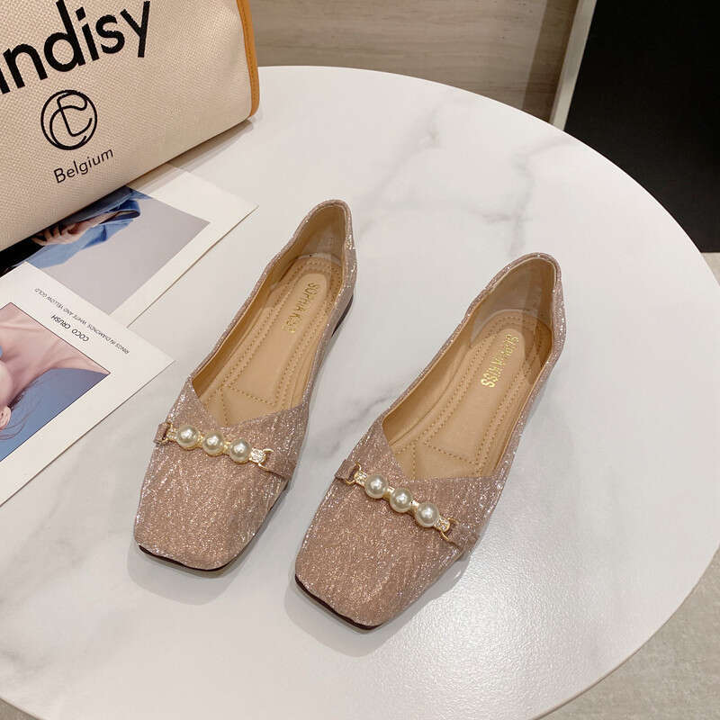 Korean Version Square Toe Shallow Mouth Flat Bottom Single For Women 2023 Summer New Versatile Soft Leather Comfortable Sequined Bean Scoop Shoes