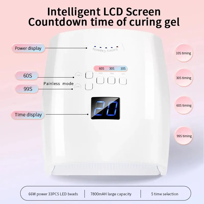Rechargeable UV LED Nail Lamp 66W Cordless Nail Dryer for Gel Polish Professional Nail Art Manicure Tools for Home and Salon 241104