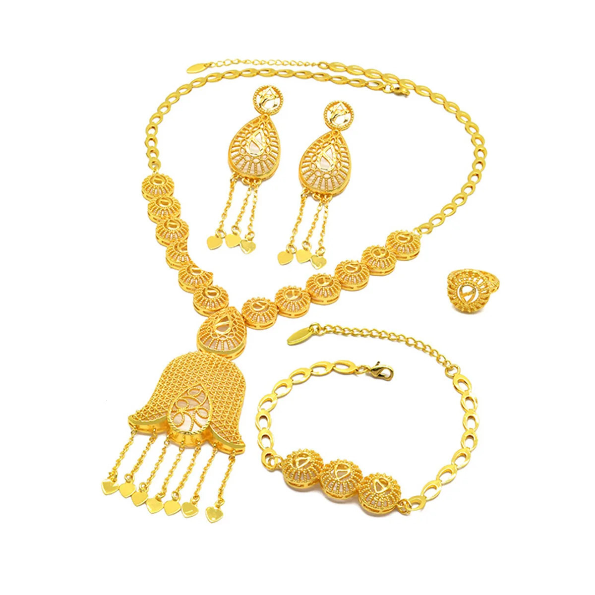 Dubai Gold Bracelet Necklace Earrings 4-piece Set for Women 24K Gold Plated Bracelet Charm Wedding Jewelry241105