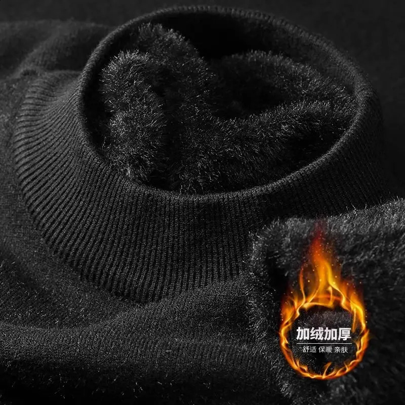 Plush Mens Knitted Sweater Turtleneck with Velvet Padded Warm Solid Pullovers Autumn Winter Thick Bottom Casual O-Neck Sweater 241105