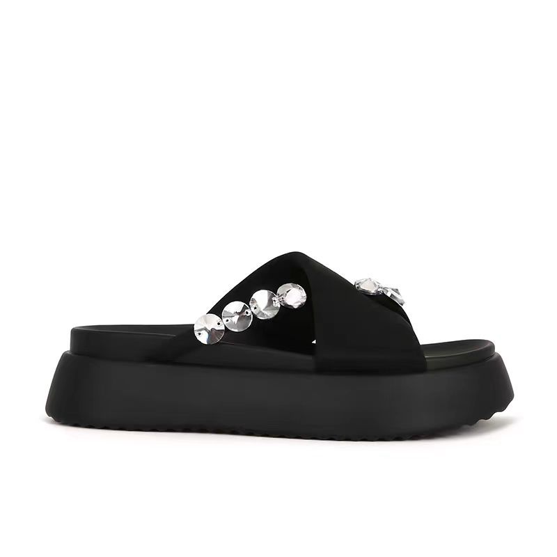 Rhinestone Clamp Foot Thick Soled Beach Slippers Size31-44.