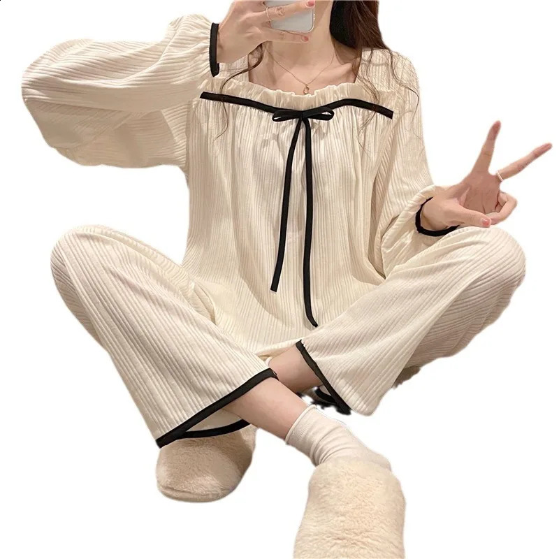 Womens Spring and Autumn Pajamas Set Womens Long-Sleeved Long Trousers Pajamas Homewear Sweet Leisure Homewear Loose Set 241105