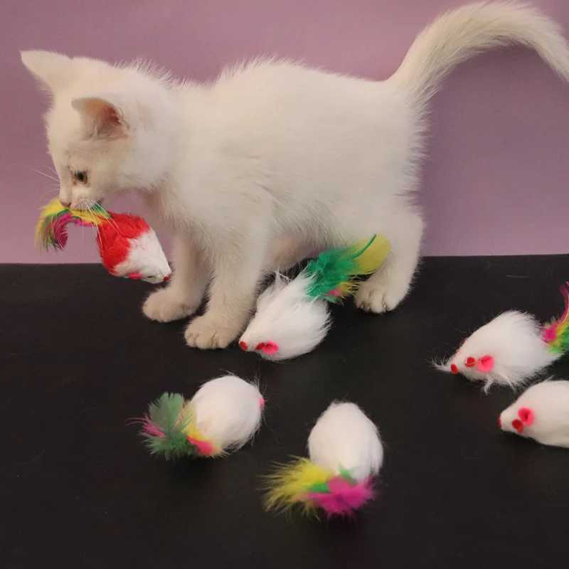 1 cat toy interactive cute soft wool fake mouse colorful feathers fun game training toy cat kitten pet supplies Y250412