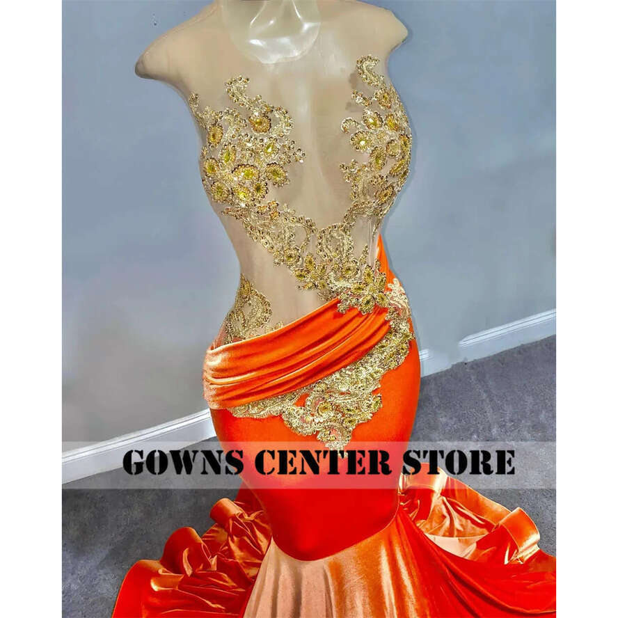 Orange Pretty Veet Gold Appliques Dress For Black Girls Mermaid New Arrival Evening Party Gowns Custom Made Prom Vip