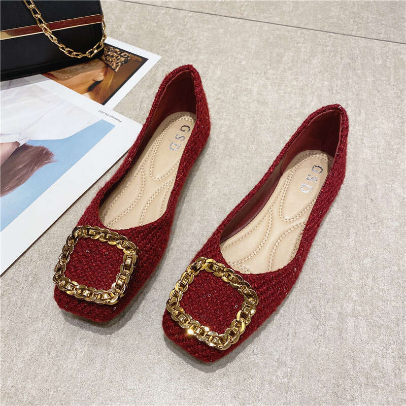 Flat Bottomed Women's Singles 2023 Spring New Style Scoop Versatile Black Red Soft Sole Shallow Mouth Square Toe Cloth Bean Shoes