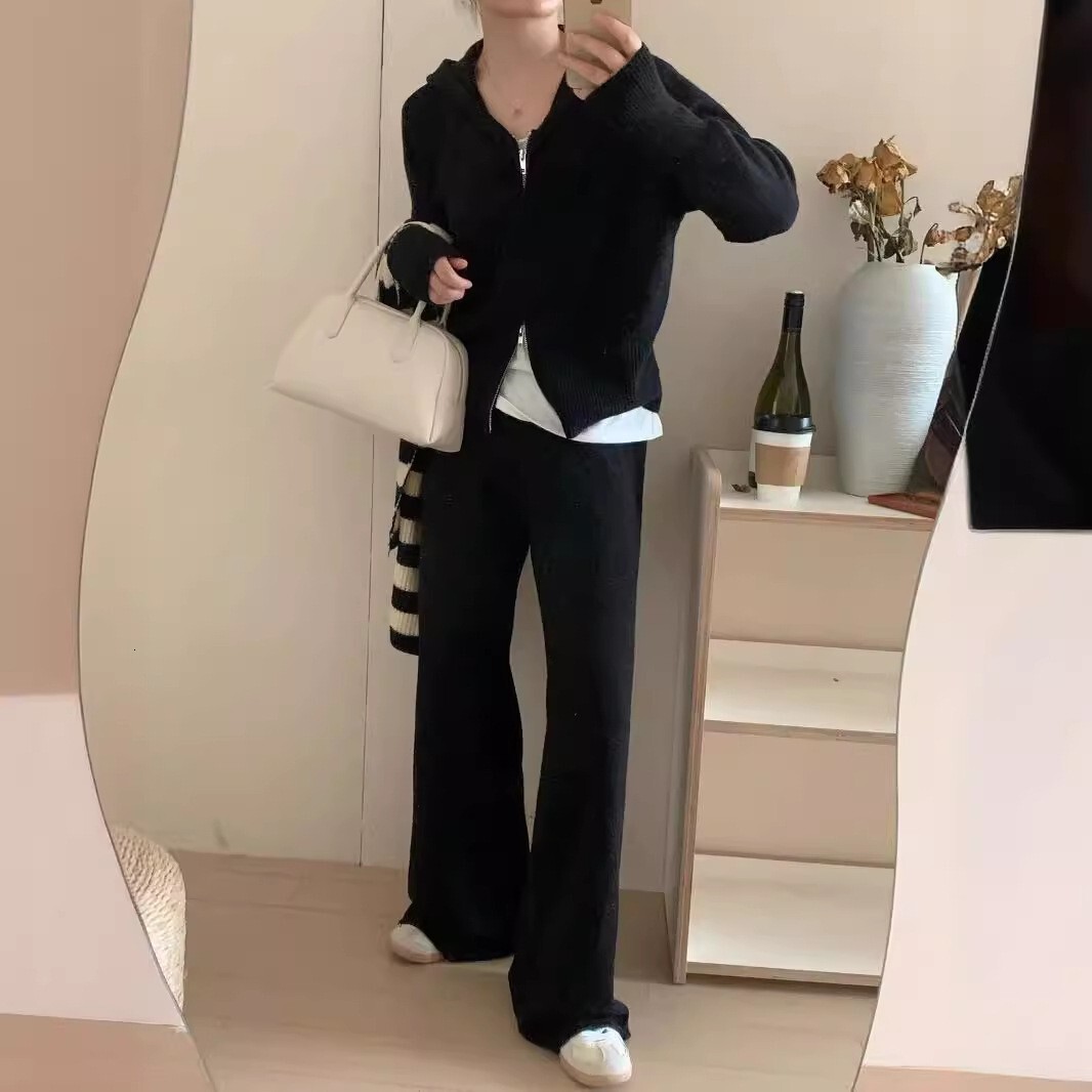 Korean Fashion Pants Fall And Winter Women's Casual Zipper Hooded Knitted Cardigan Loose Trousers 2Pcs Track Suit