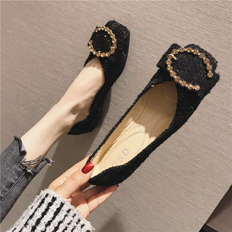 2023 Spring And Summer New Korean Versatile Square Head Water Diamond Button Red Wedding Women's Toast Dress Flat Follow Shoes