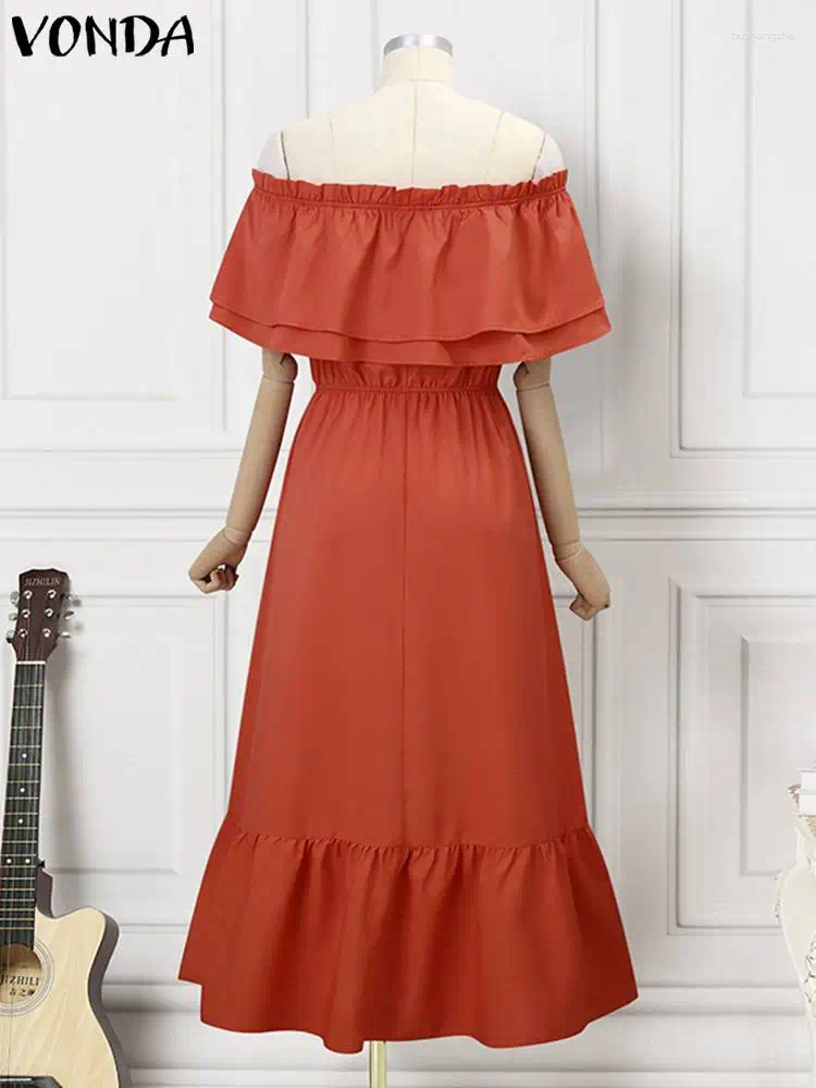 Casual Dresses VONDA Bohemian Women Off Shoulder Maxi Sundress Summer Long Dress 2024 Sexy Short Sleeve Ruffled Robe Party Solid Vestido