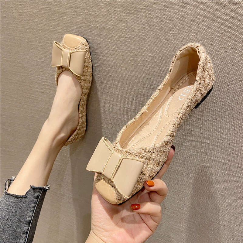 Korean Version Single Shoe 2023 Summer New Women's Flat Bow Shallow Mouth Square Toe Shoes Apricot Cloth Surface