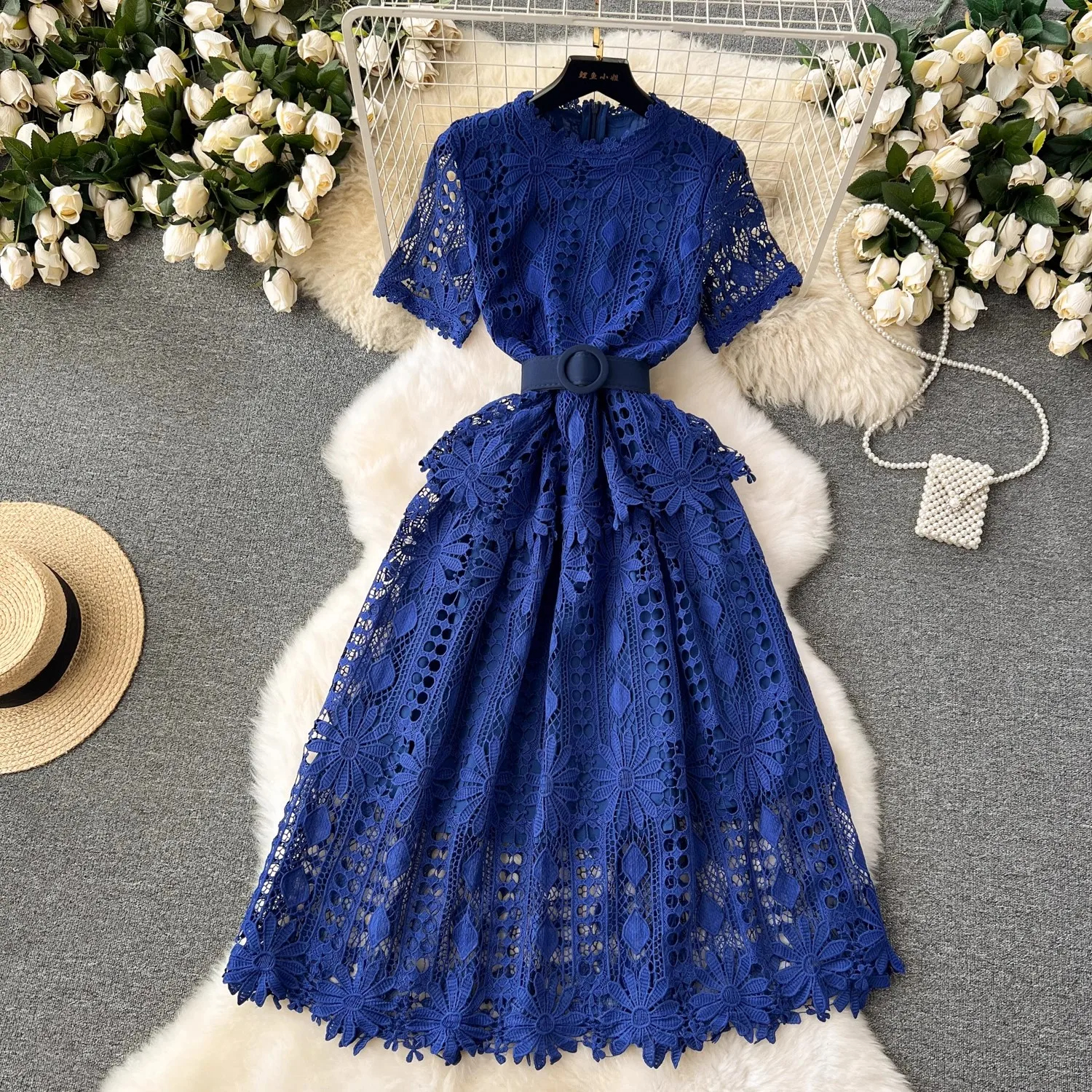 Basic Casual Dresses 2024 Runway Crochet Hollow Out Pink Midi Lace Dress for Women 2024 Summer Short Sleeve Embroidery Party Dress Elegant Holiday Rob