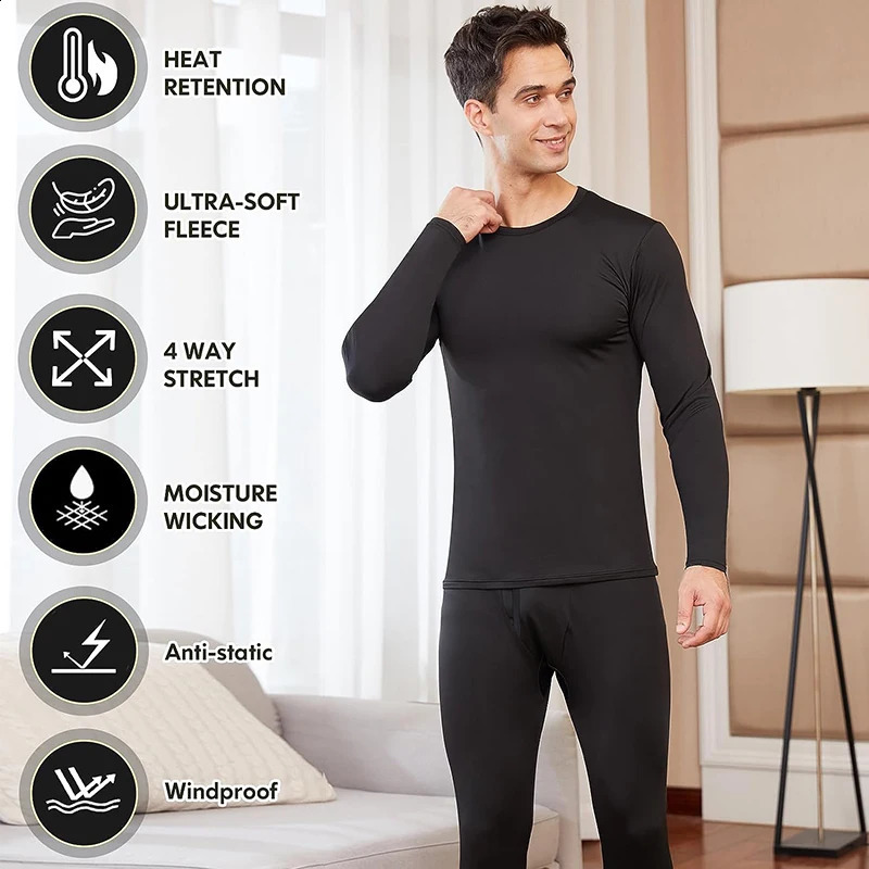 Men Winter Thermal Underwear Sets Crew Neck Long Sleeves Long Johns Base Layer Set Top Bottom for Cold Weather Male Warm Clothes 241105