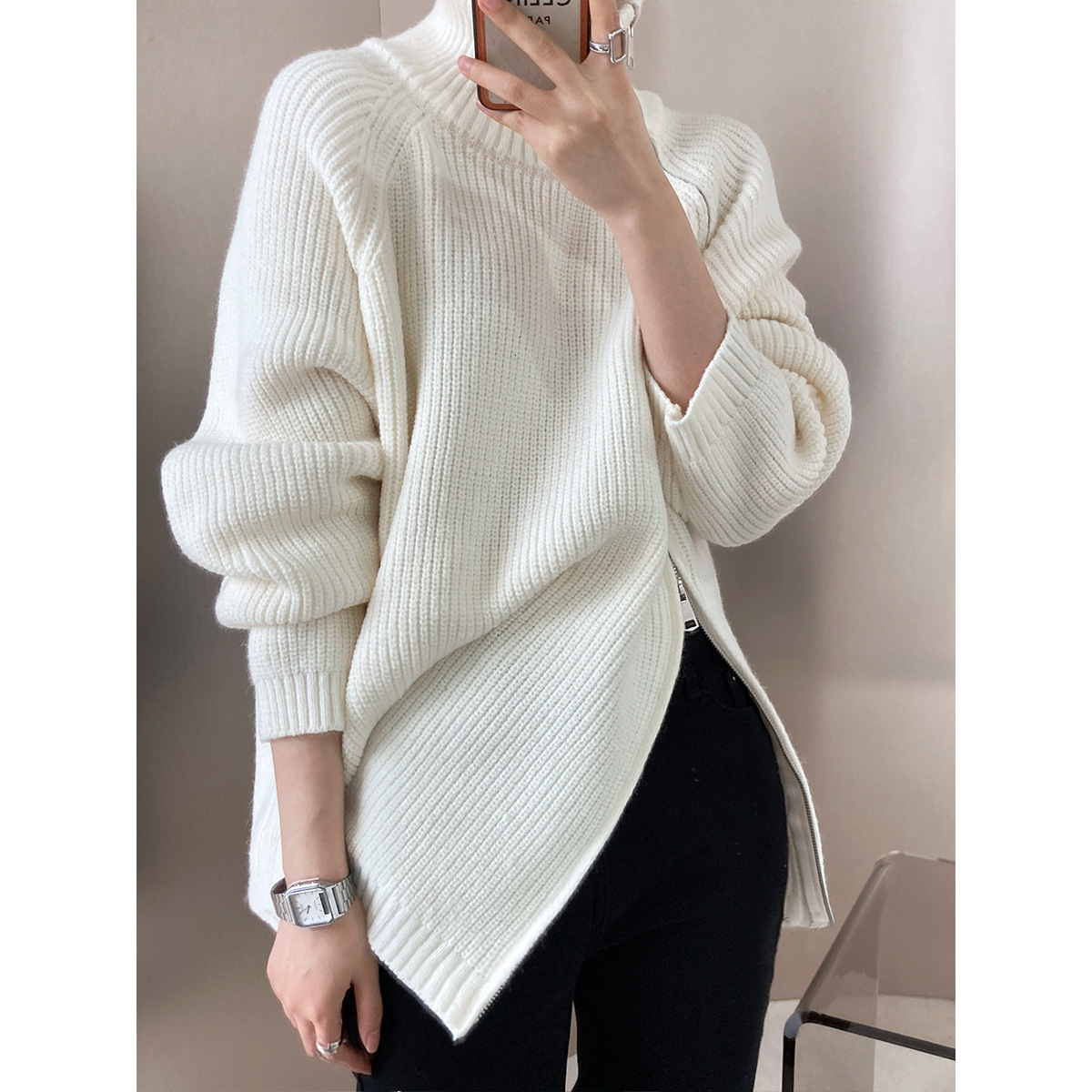 Winter Women's Sweater Fashion Personality Side Open Double Head Zip High Neck Loose Oversized Casual Knit Top Coat Warm Jumper