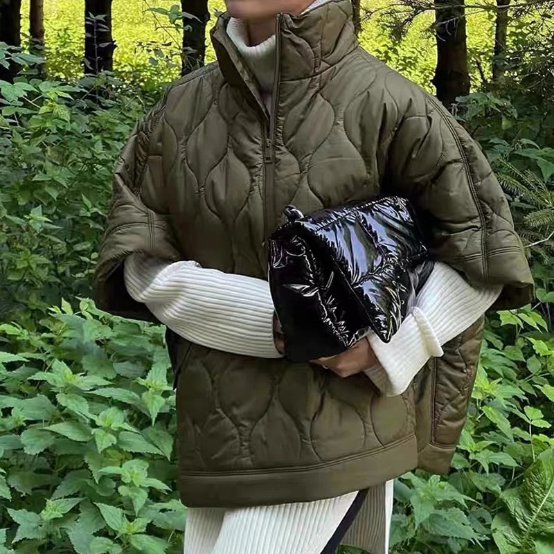 Cottonpadded Women Shawl Cape Coat Argyle Stand Collar Thickened Zipper Warm Winter Female Outwear Poncho Batwing Seleeve 241105