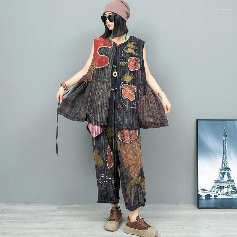 Womens Two Piece Pants LYUZHE 2024 Fall Vintage Embroidery Patch Designs Women Matching Sets O-neck Vest And Wide-leg Pant Old Cloth Suit