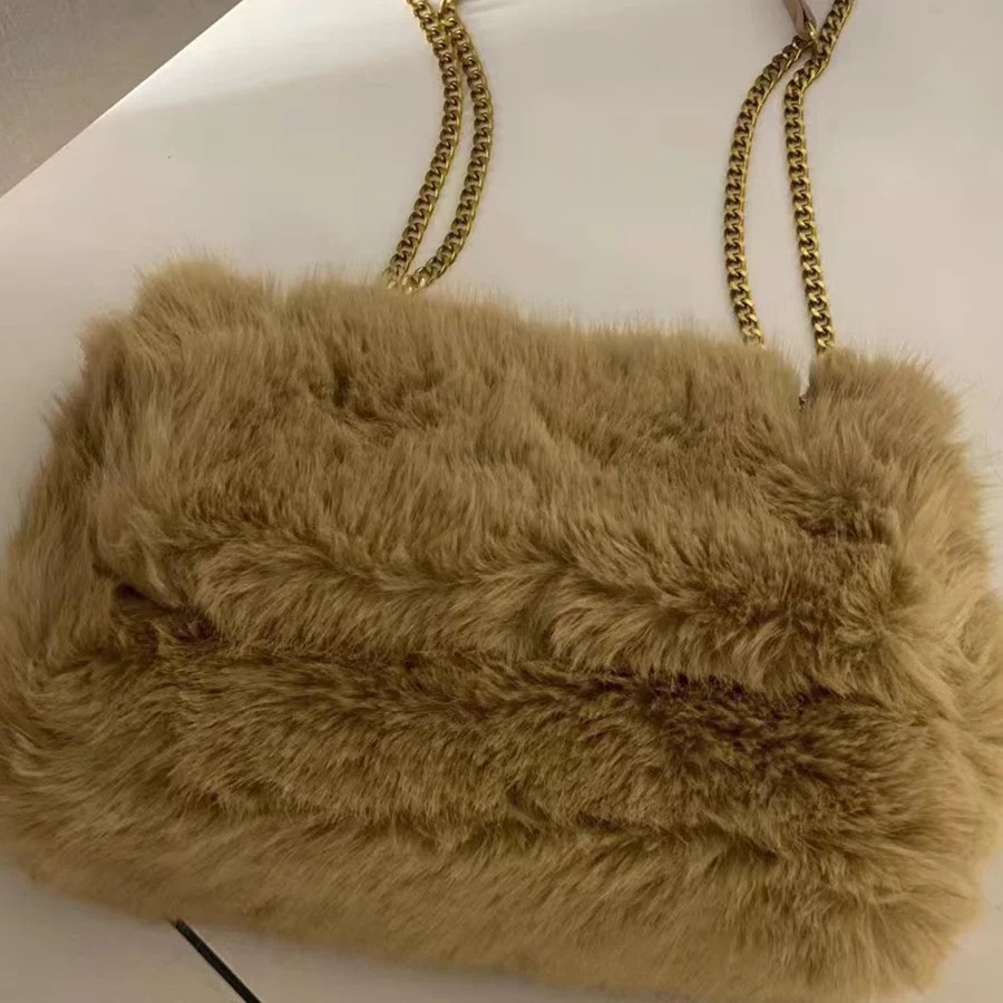 Fashion Large Tote Faux Fur Women Handbags Chains Lady Shoulder Bags Fluffy Soft Plush Shopper Bag Warm Winter 241104