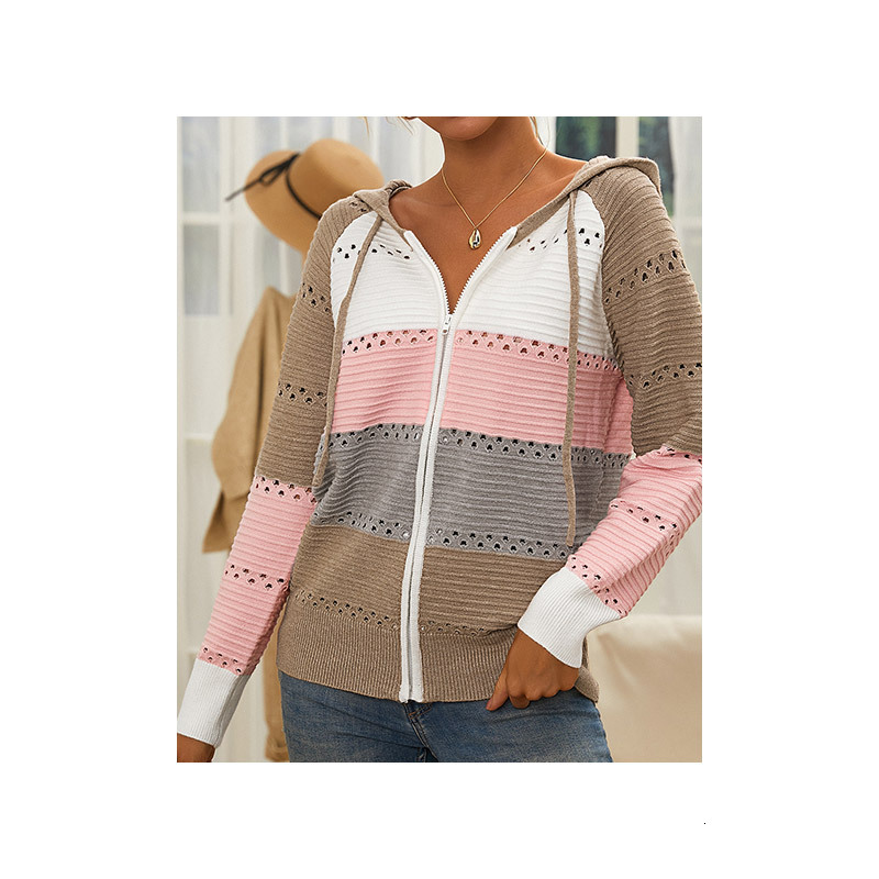 New Style Hooded Jacket Women's Color Blocked Hollow Knitted Casual Versatile Sweater cardigan Autumn Fashion Casual Loose Thick