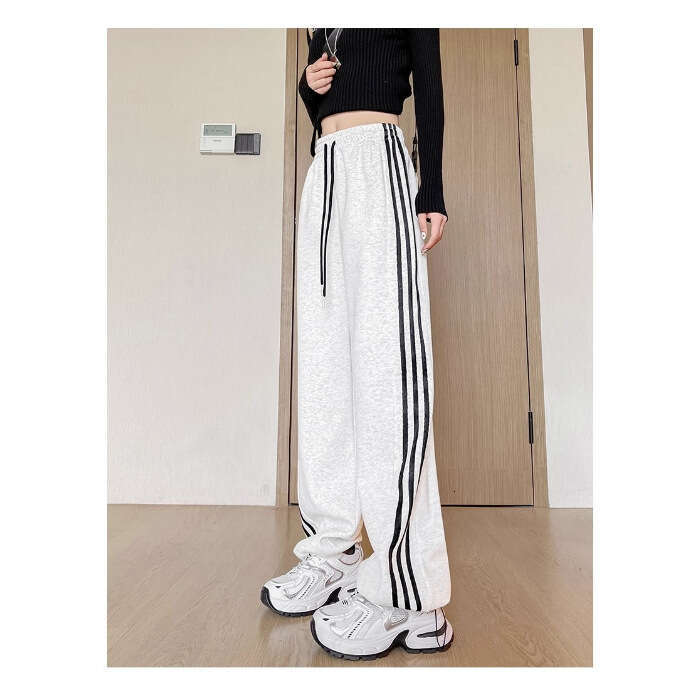 shanshi three stripes pants White gray three bar sports pants for women 2024 versatile spring and autumn winter high waisted loose leg binding America